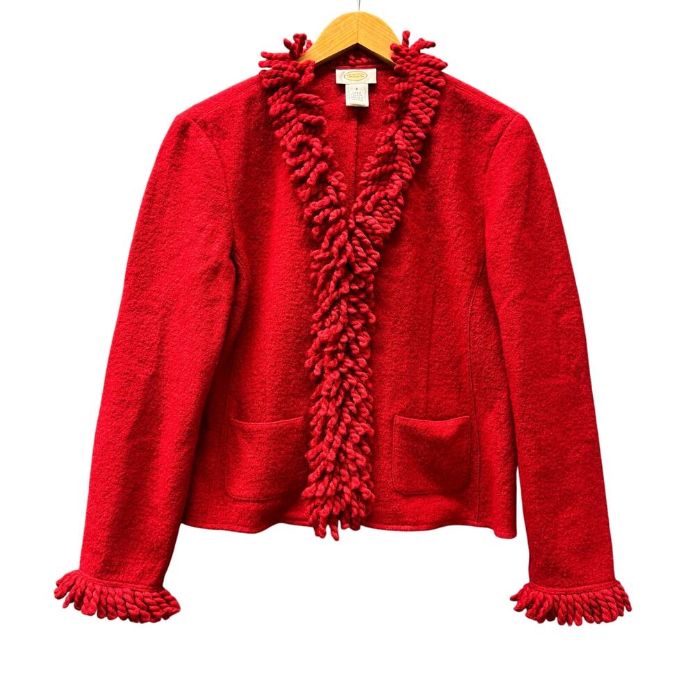 Talbots Wool Blazer Womens Small Red Fringe Detail Snap Up Crop‎ Classic Vintage